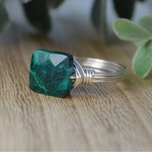 Chrysocolla Malachite Square Gemstone Sterling Silver Filled Wire Ring